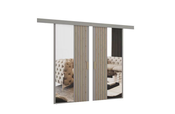 Drzwi przesuwne dwuskrzydłowe sufitowe z lamelami i lustrem RIVI - design i funkcjonalnosc w parze Drzwi przesuwne dwuskrzydłowe sufitowe z lamelami i lustrem RIVI - design i funkcjonalnosc w parze