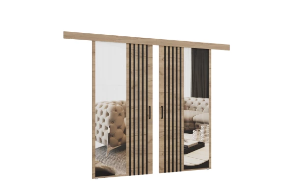 Drzwi przesuwne dwuskrzydłowe sufitowe z lamelami i lustrem RIVI - design i funkcjonalnosc w parze Drzwi przesuwne dwuskrzydłowe sufitowe z lamelami i lustrem RIVI - design i funkcjonalnosc w parze