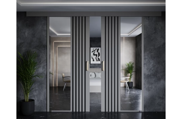 Drzwi przesuwne dwuskrzydłowe sufitowe z lamelami i lustrem RIVI - design i funkcjonalnosc w parze Drzwi przesuwne dwuskrzydłowe sufitowe z lamelami i lustrem RIVI - design i funkcjonalnosc w parze