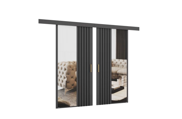 Drzwi przesuwne dwuskrzydłowe naścienne z lamelami i lustrem RIVI - design i funkcjonalnosc w parze Drzwi przesuwne dwuskrzydłowe naścienne z lamelami i lustrem RIVI - design i funkcjonalnosc w parze