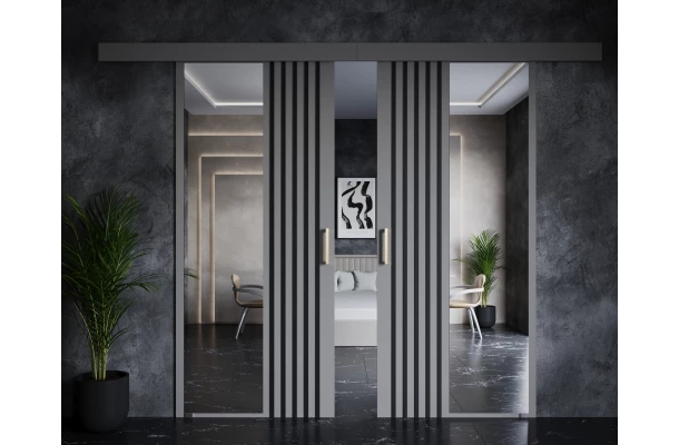 Drzwi przesuwne dwuskrzydłowe naścienne z lamelami i lustrem RIVI - design i funkcjonalnosc w parze Drzwi przesuwne dwuskrzydłowe naścienne z lamelami i lustrem RIVI - design i funkcjonalnosc w parze
