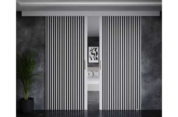 Drzwi przesuwne dwuskrzydłowe sufitowe z lamelami PRIMA - design i funkcjonalnosc w parze Drzwi przesuwne dwuskrzydłowe sufitowe z lamelami PRIMA - design i funkcjonalnosc w parze
