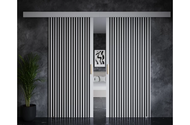 Drzwi przesuwne dwuskrzydłowe naścienne z lamelami PRIMA - design i funkcjonalnosc w parze Drzwi przesuwne dwuskrzydłowe naścienne z lamelami PRIMA - design i funkcjonalnosc w parze