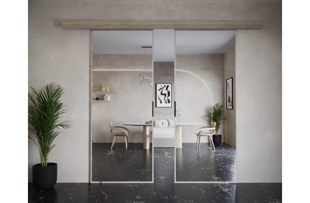 Drzwi przesuwne dwuskrzydłowe naścienne z lustrem KAMA - design i funkcjonalnosc w parze Drzwi przesuwne dwuskrzydłowe naścienne z lustrem KAMA - design i funkcjonalnosc w parze