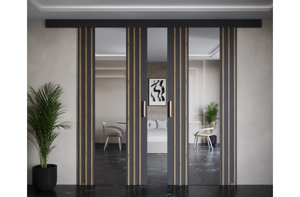 Drzwi przesuwne dwuskrzydłowe sufitowe z lamelami i lustrem MONO - design i funkcjonalnosc w parze Drzwi przesuwne dwuskrzydłowe sufitowe z lamelami i lustrem MONO - design i funkcjonalnosc w parze