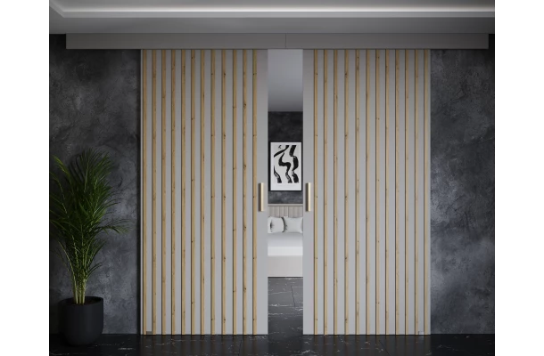 Drzwi przesuwne dwuskrzydłowe sufitowe z lamelami AROMA - design i funkcjonalnosc w parze