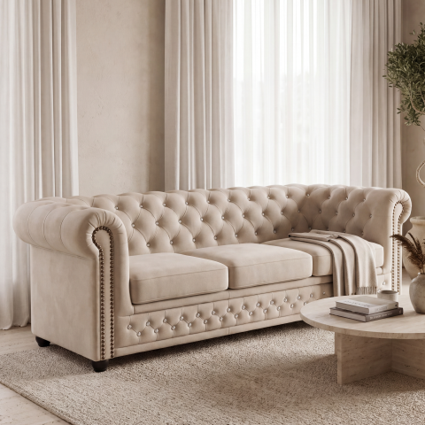 Beżowa sofa pikowana FELIX BLINK z kryształkami w stylu Chesterfield