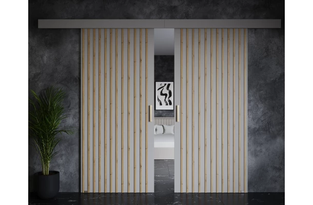 Drzwi przesuwne dwuskrzydłowe naścienne z lamelami AROMA - design i funkcjonalnosc w parze Drzwi przesuwne dwuskrzydłowe naścienne z lamelami AROMA - design i funkcjonalnosc w parze