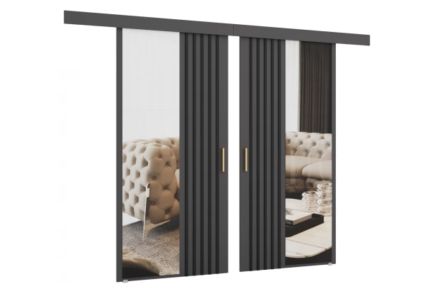 Drzwi przesuwne dwuskrzydłowe sufitowe z lamelami i lustrem RIVI - design i funkcjonalnosc w parze Drzwi przesuwne dwuskrzydłowe sufitowe z lamelami i lustrem RIVI - design i funkcjonalnosc w parze