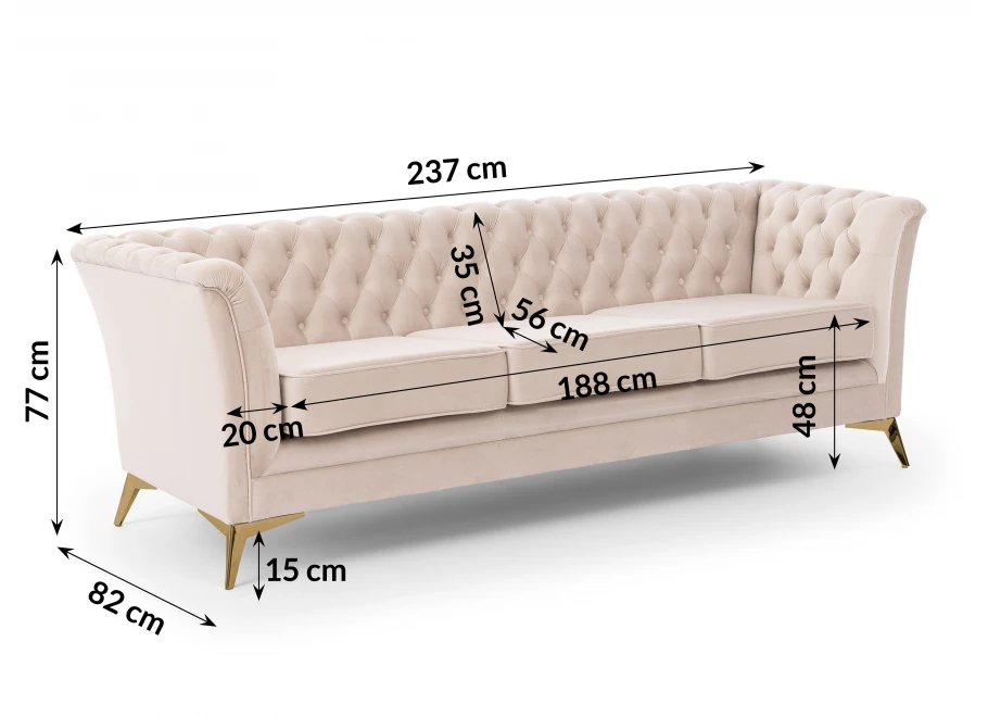 Sofa trzyosobowa pikowana Chesterfield HASSO BIS
