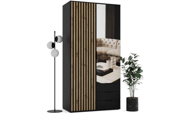 Szafa uchylna dwudrzwiowa z szufladami, lustrem i lamelami na wymiar Santi - design i funkcjonalnosc w parze