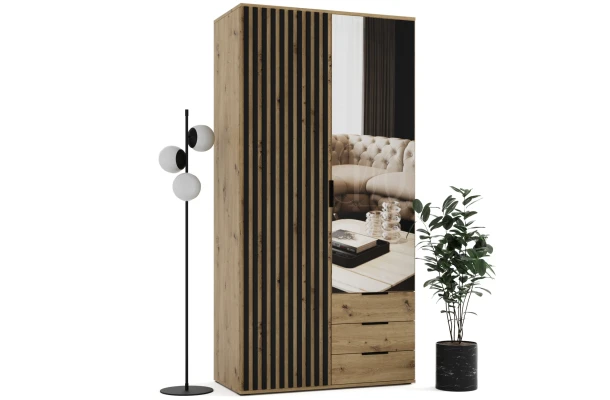 Szafa uchylna dwudrzwiowa z szufladami, lustrem i lamelami na wymiar Santi - design i funkcjonalnosc w parze