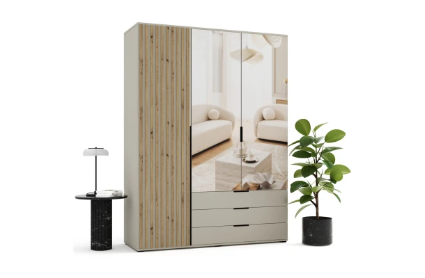 Szafa uchylna trzydrzwiowa z szufladami, lustrem i lamelami na wymiar Santi - design i funkcjonalnosc w parze