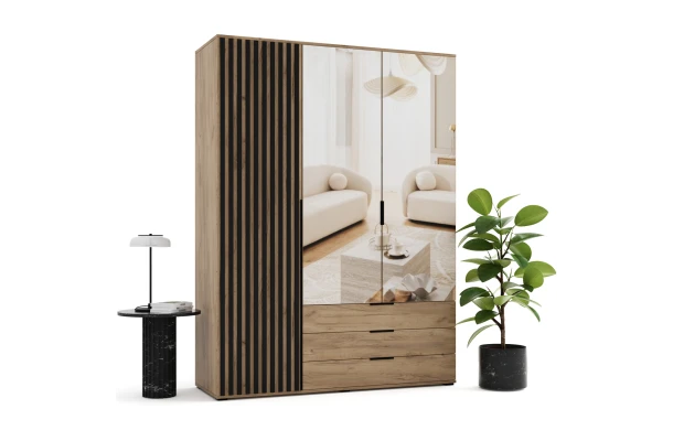 Szafa uchylna trzydrzwiowa z szufladami, lustrem i lamelami na wymiar Santi - design i funkcjonalnosc w parze