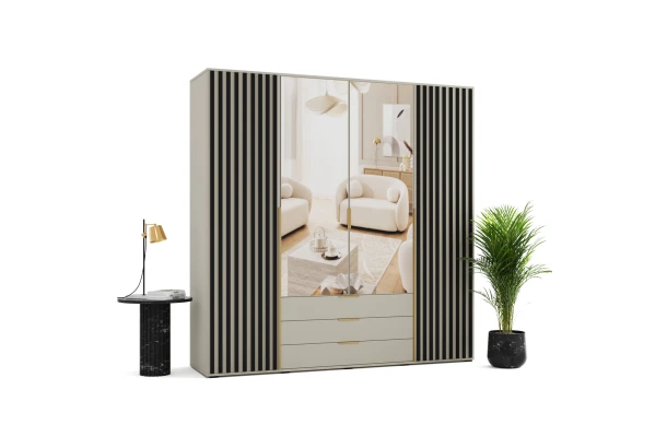 Szafa uchylna czterodrzwiowa z szufladami, lustrem i lamelami na wymiar Santi - design i funkcjonalnosc w parze