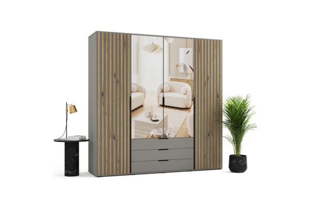 Szafa uchylna czterodrzwiowa z szufladami, lustrem i lamelami na wymiar Santi - design i funkcjonalnosc w parze