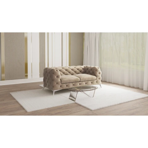 Elegancka sofa dwuosobowa jasnobeżowa, pikowana Chesterfield TEO 2