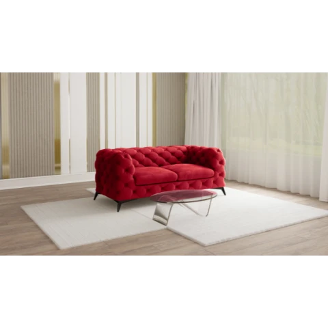 Czerwona welurowa sofa dwuosobowa pikowana Chesterfield TEO 2