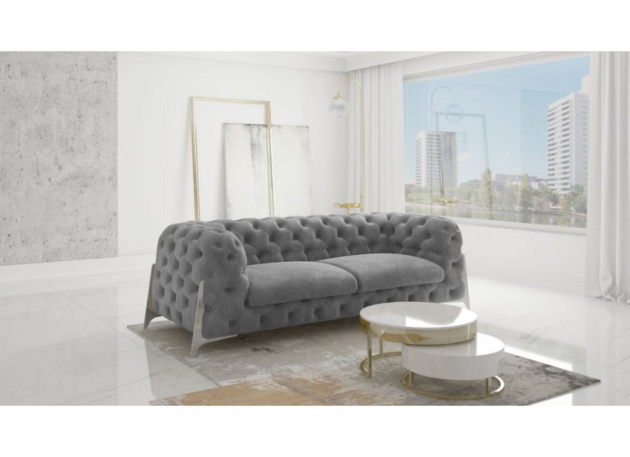 Szara sofa trzyosobowa pikowana Chesterfield na metalowych nóżkach KALIFORNIA 3 - Riviera 91
