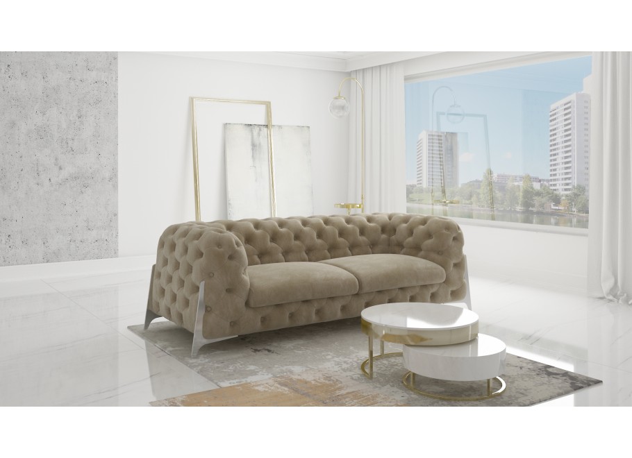 Wygodna sofa beżowa welurowa, trzyosobowa pikowana KALIFORNIA 3 2