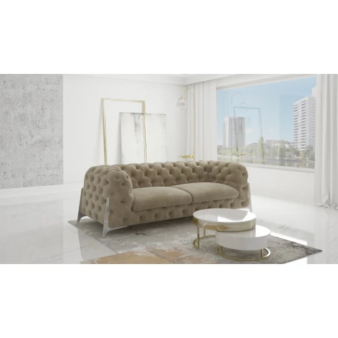 Wygodna sofa beżowa welurowa, trzyosobowa pikowana KALIFORNIA 3