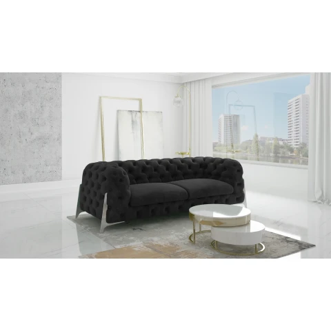 Sofa welurowa czarna, trzyosobowa pikowana do salonu KALIFORNIA 3