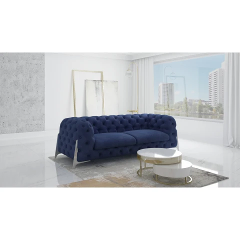 Granatowa sofa trzyosobowa pikowana na wysokich nogach KALIFORNIA 3