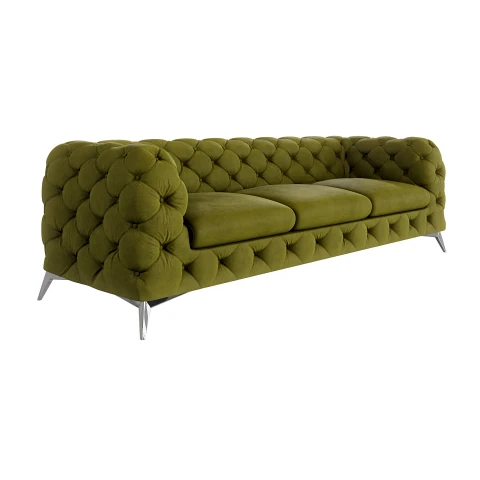 Sofa welurowa oliwkowa, trzyosobowa pikowana Chesterfield TEO 3