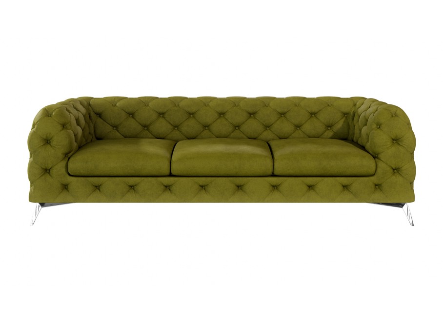Sofa welurowa oliwkowa, trzyosobowa pikowana Chesterfield TEO 3 2