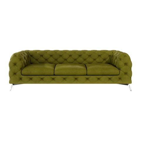 Sofa welurowa oliwkowa, trzyosobowa pikowana Chesterfield TEO 3