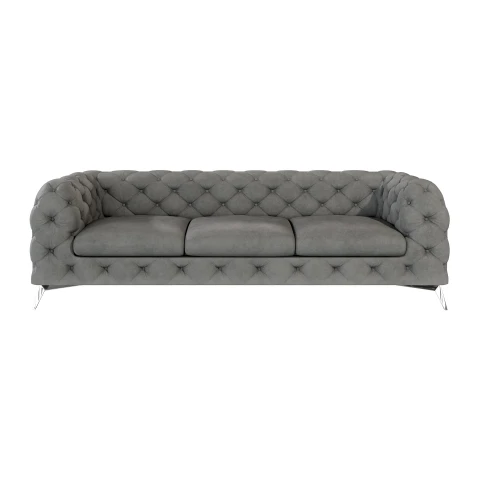 Elegancka Szara sofa welurowa, trzyosobowa pikowana Chesterfield TEO 3