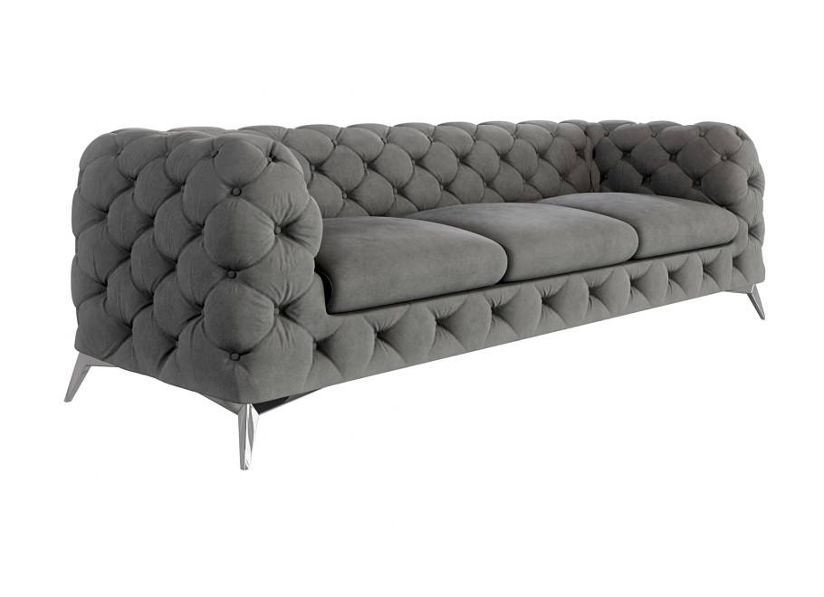 Elegancka Szara sofa welurowa, trzyosobowa pikowana Chesterfield TEO 3