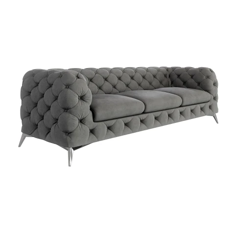 Elegancka Szara sofa welurowa, trzyosobowa pikowana Chesterfield TEO 3