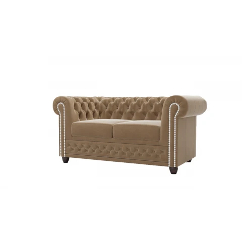 Beżowa dwuosobowa sofa pikowana na drewnianych nóżkach Chesterfield FELIX 2