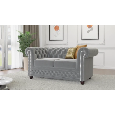 Elegancka sofa dwuosobowa welurowa szara pikowana Chesterfield FELIX 2