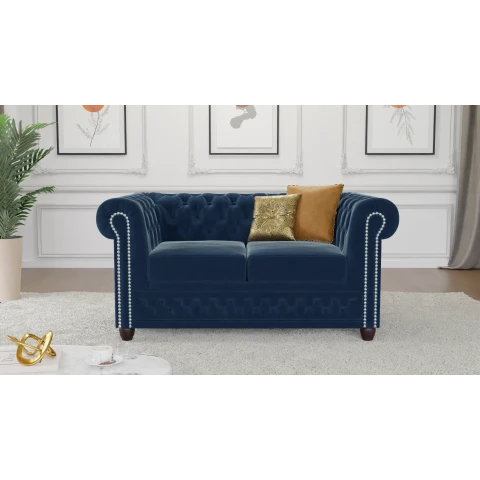 Kompaktowa sofa dwuosobowa welurowa granatowa pikowana Chesterfield FELIX 2