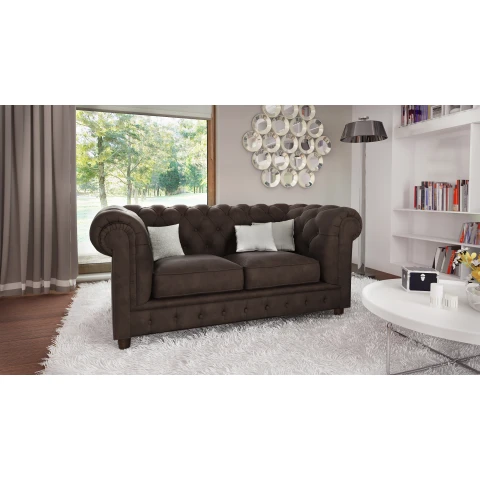 Brązowa sofa welurowa do salonu dwuosobowa pikowana Chesterfield SOLARIS 2