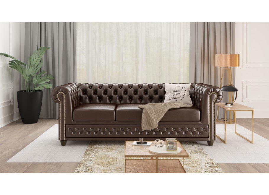 Elegancka sofa trzyosobowa pikowana Chesterfield FELIX 3 - Brązowa ekoskóra 3