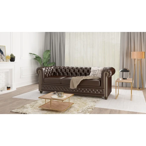 Elegancka sofa trzyosobowa pikowana Chesterfield FELIX 3 - Brązowa ekoskóra