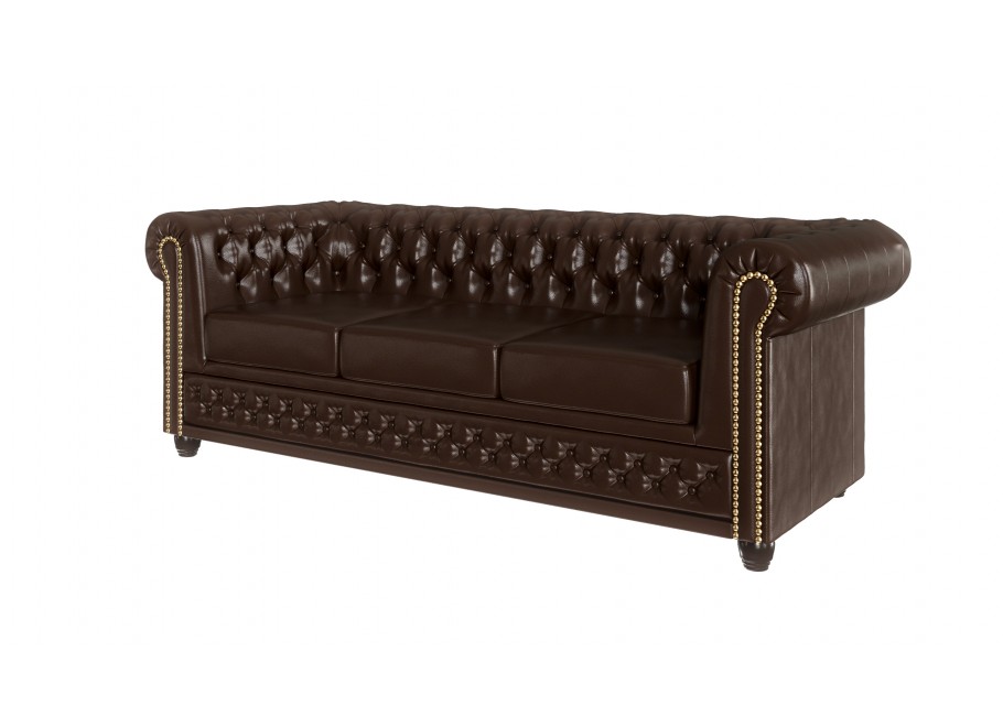 Elegancka sofa trzyosobowa pikowana Chesterfield FELIX 3 - Brązowa ekoskóra