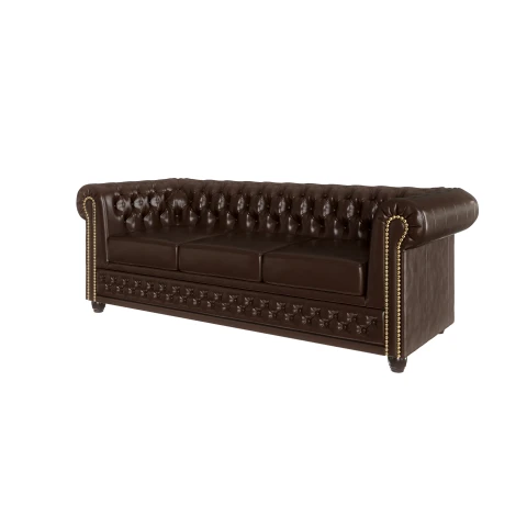 Elegancka sofa trzyosobowa pikowana Chesterfield FELIX 3 - Brązowa ekoskóra