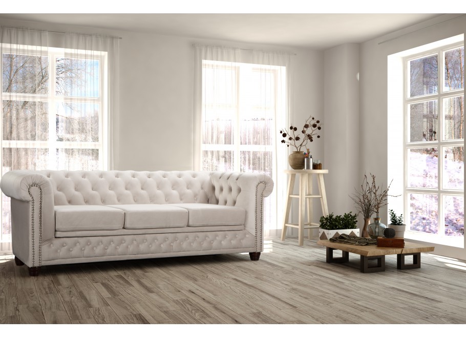 Wygodna sofa do salonu, trzyosobowa pikowana Chesterfield FELIX 3 - Jasny beż 2