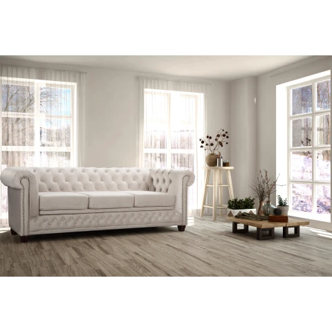 Wygodna sofa do salonu, trzyosobowa pikowana Chesterfield FELIX 3 - Jasny beż