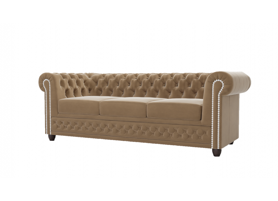 Beżowa welurowa sofa trzyosobowa pikowana na drewnianych nóżkach Chesterfield FELIX 3