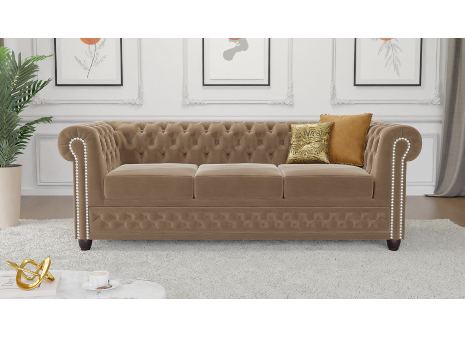 Beżowa welurowa sofa trzyosobowa pikowana na drewnianych nóżkach Chesterfield FELIX 3 3