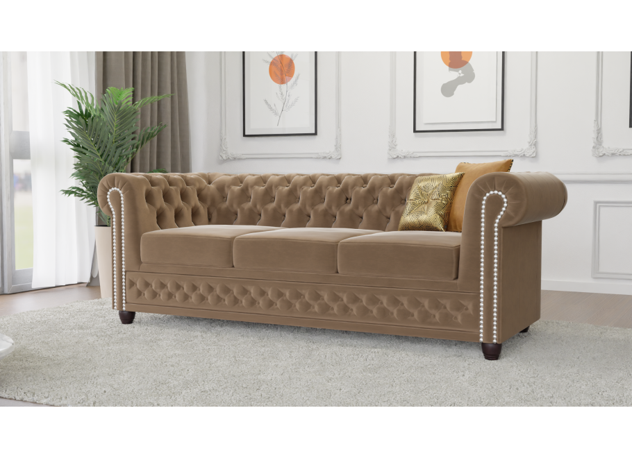 Beżowa welurowa sofa trzyosobowa pikowana na drewnianych nóżkach Chesterfield FELIX 3 2