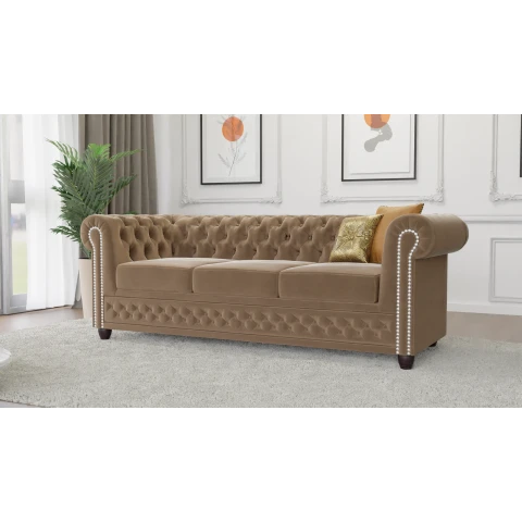 Beżowa welurowa sofa trzyosobowa pikowana na drewnianych nóżkach Chesterfield FELIX 3