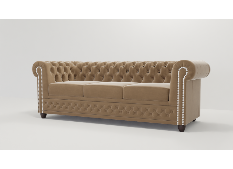 Beżowa welurowa sofa trzyosobowa pikowana na drewnianych nóżkach Chesterfield FELIX 3 4