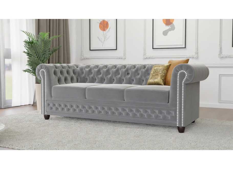 Szara sofa trzyosobowa pikowana idealna do salonu Chesterfield FELIX 3 2