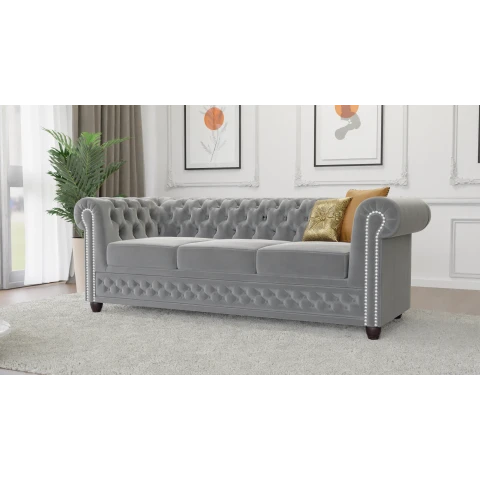 Szara sofa trzyosobowa pikowana idealna do salonu Chesterfield FELIX 3